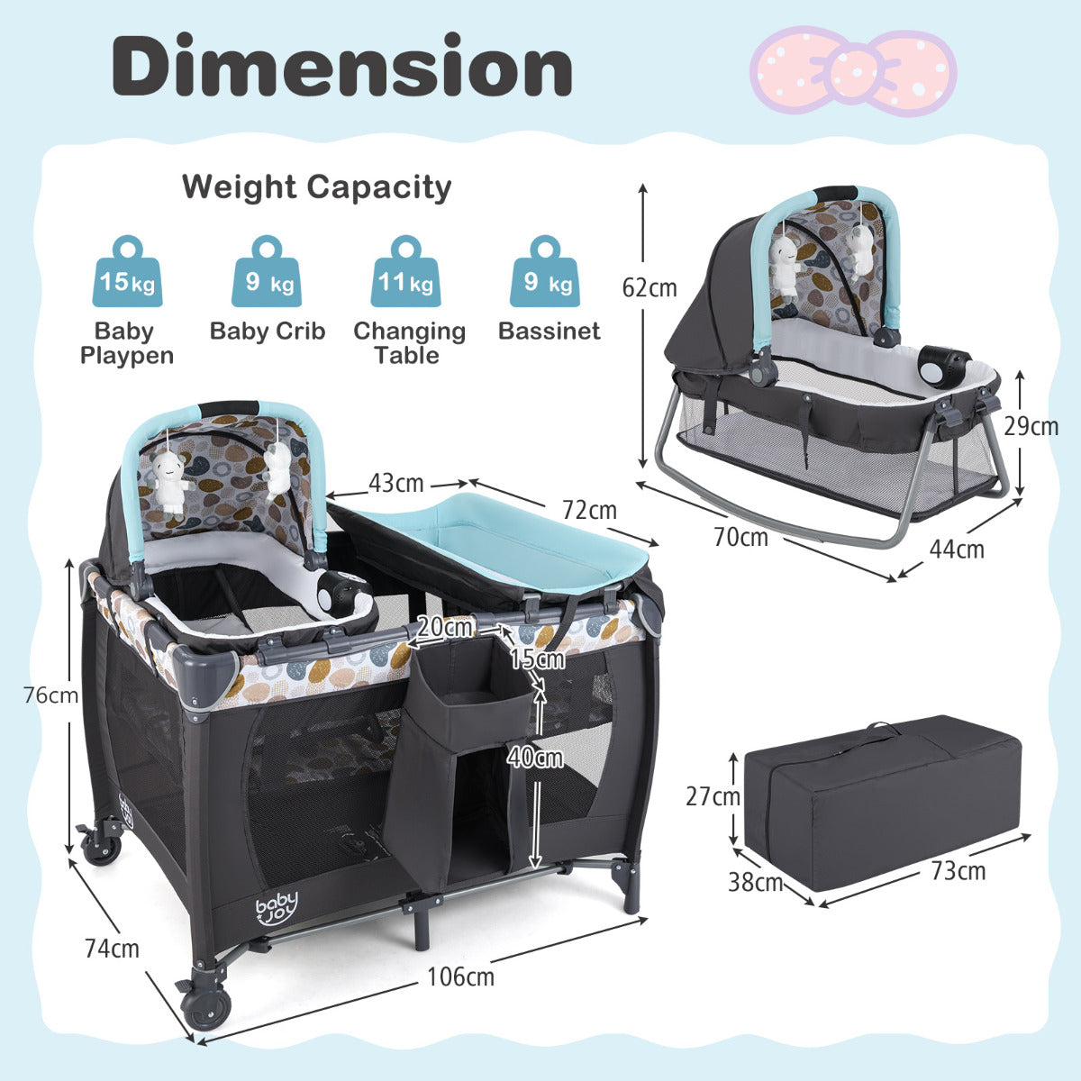 Foldable Pack and Play Portable Baby Playard with Rocking Bassinet and Diaper Changing Table-Blue