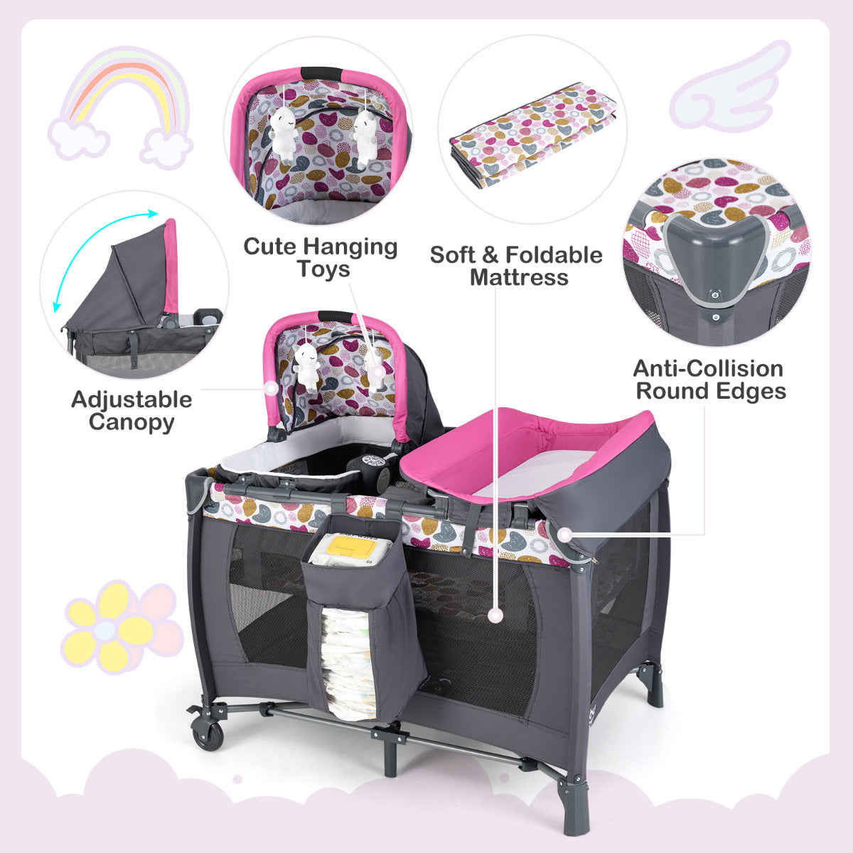 Foldable Pack and Play Portable Baby Playard with Rocking Bassinet and Diaper Changing Table-Pink
