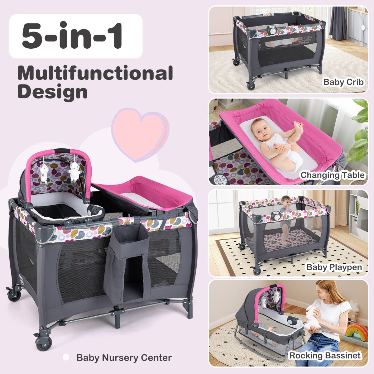 Foldable Pack and Play Portable Baby Playard with Rocking Bassinet and Diaper Changing Table-Pink