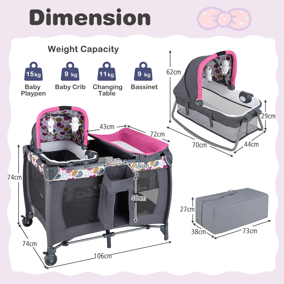 Foldable Pack and Play Portable Baby Playard with Rocking Bassinet and Diaper Changing Table-Pink
