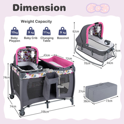 Foldable Pack and Play Portable Baby Playard with Rocking Bassinet and Diaper Changing Table-Pink
