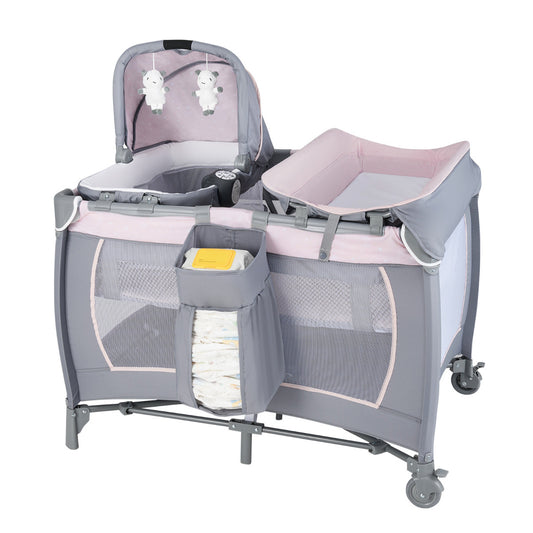 Foldable Pack and Play Portable Baby Playard with Rocking Bassinet and Diaper Changing Table-Pink & Grey