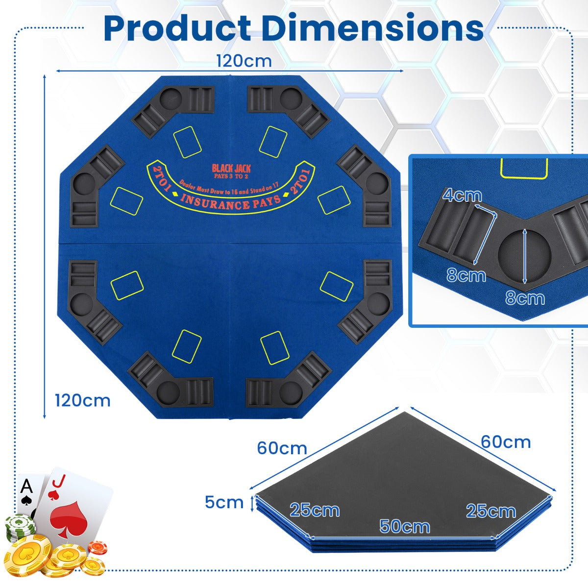 120CM 8-Player Foldable Poker Table Top with Carrying Bag-Blue