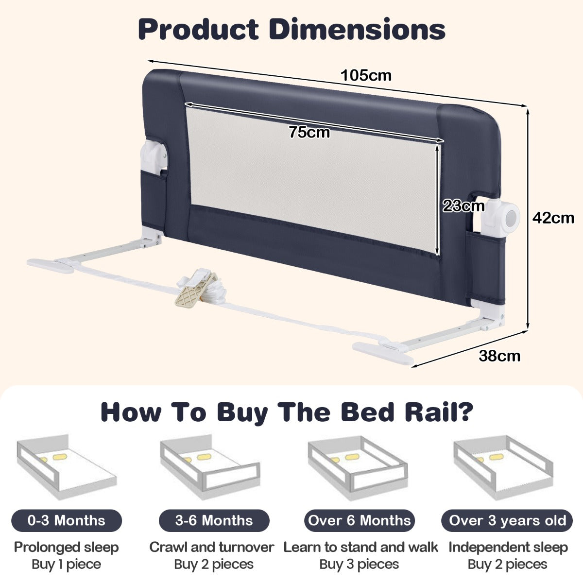 Foldable Toddler Bed Rail with Removable Oxford Cover-Dark Grey