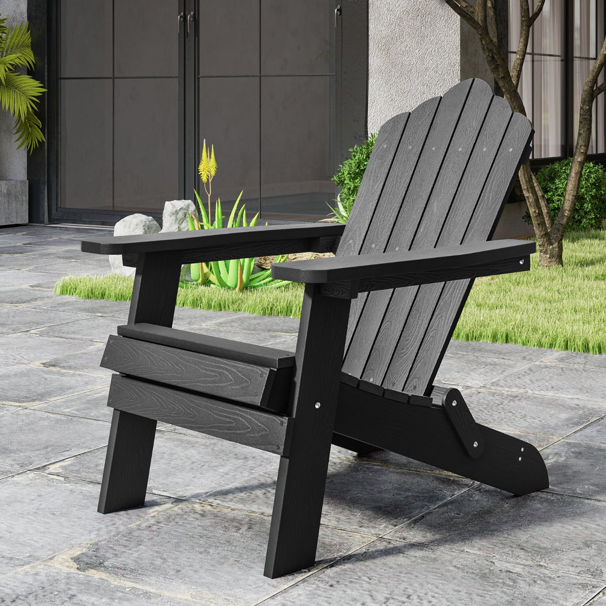 Folding Adirondack Chair with Wide Armrests and Inclined Backrest-Black