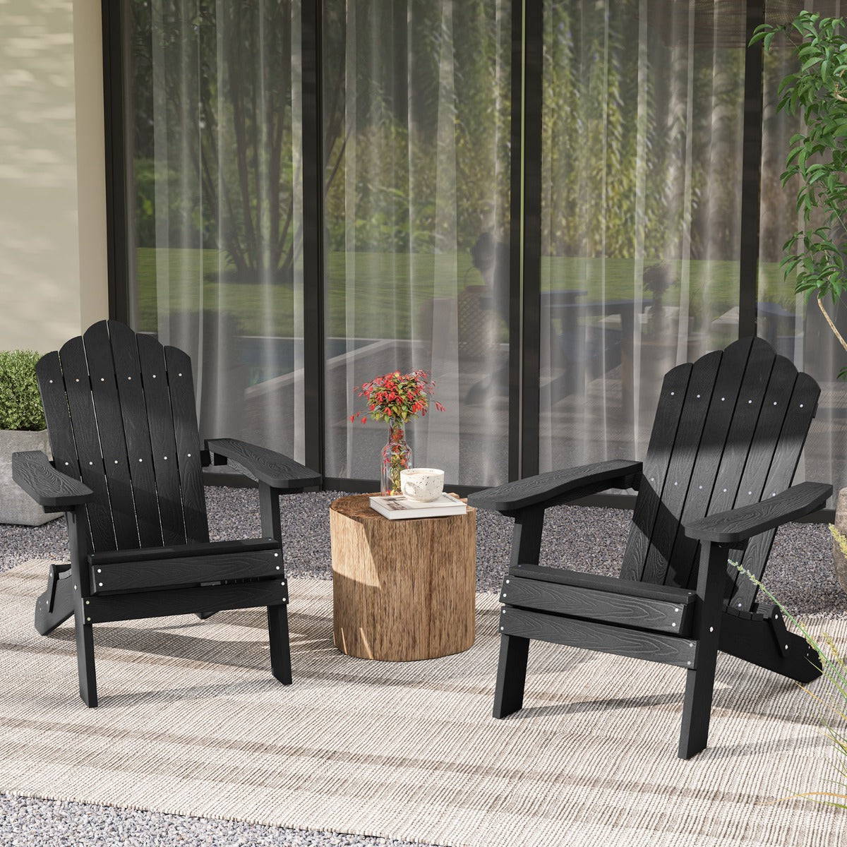 Folding Adirondack Chair with Wide Armrests and Inclined Backrest-Black