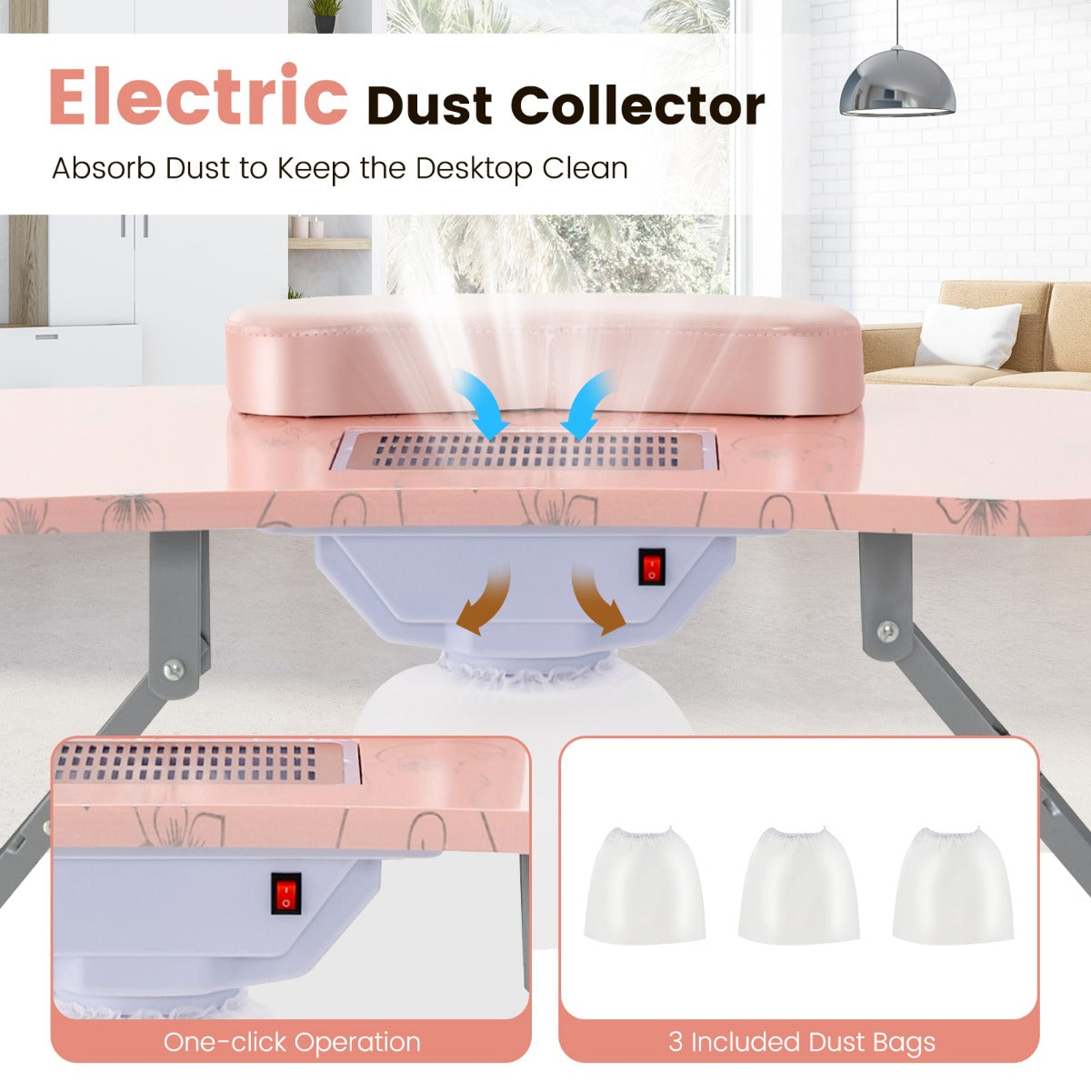 Folding Manicure Nail Table with Electric Dust Collector-Pink