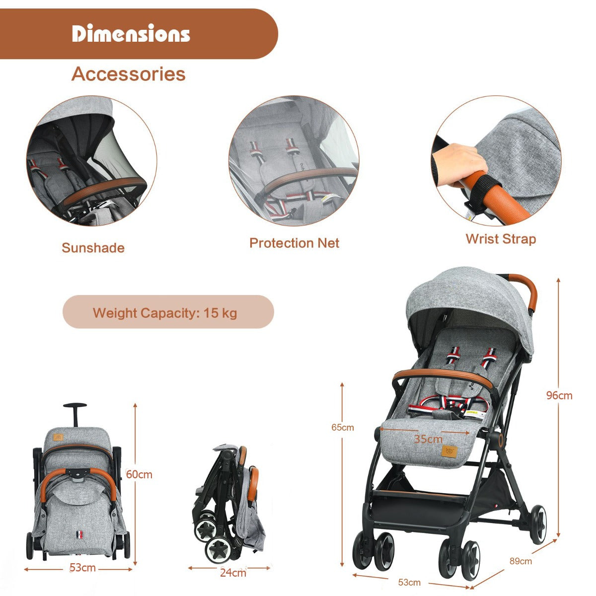 Folding Pushchair with Adjustable Backrest and Footrest-Grey