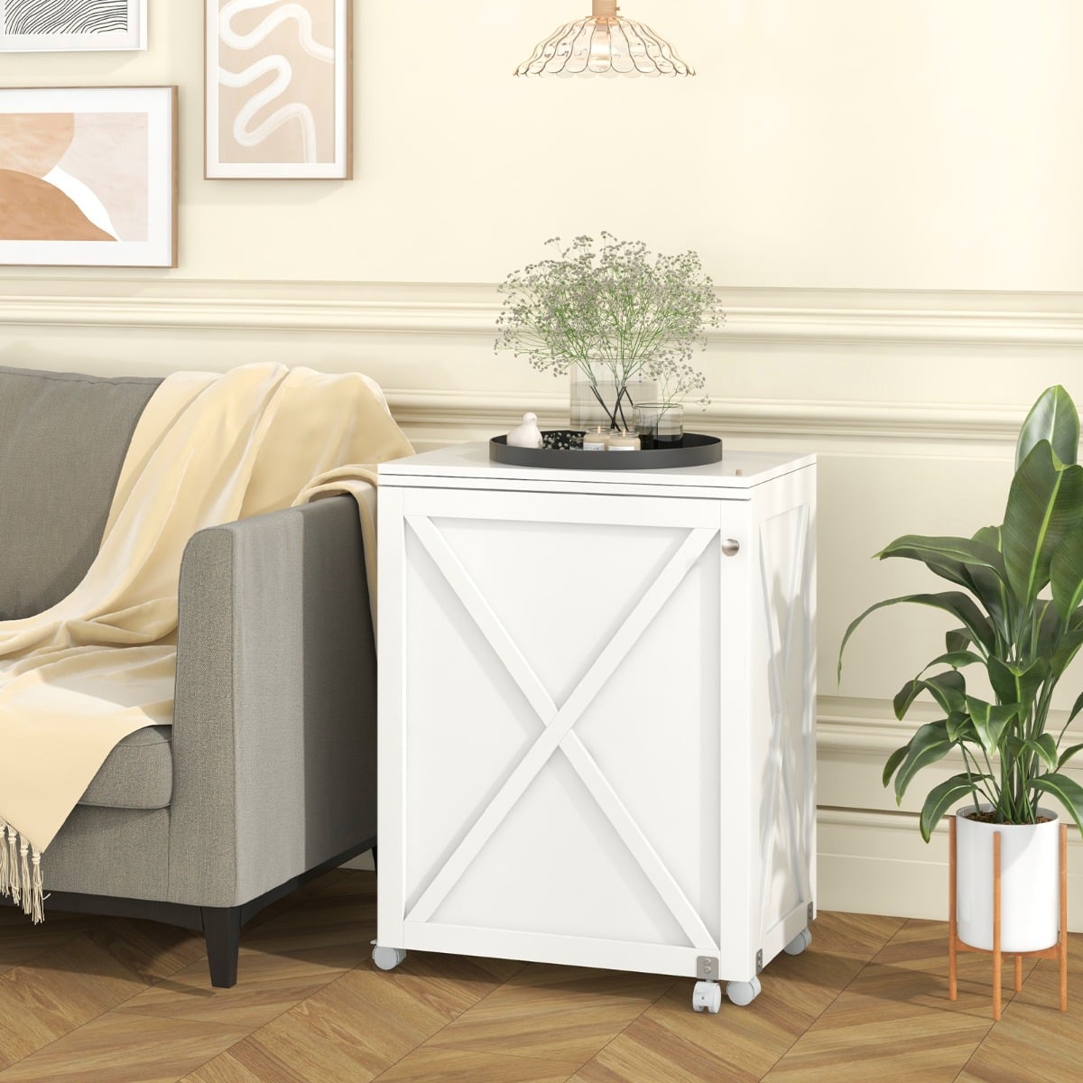 Folding Sewing Table with Storage Shelf and 5 Lockable Wheels-White