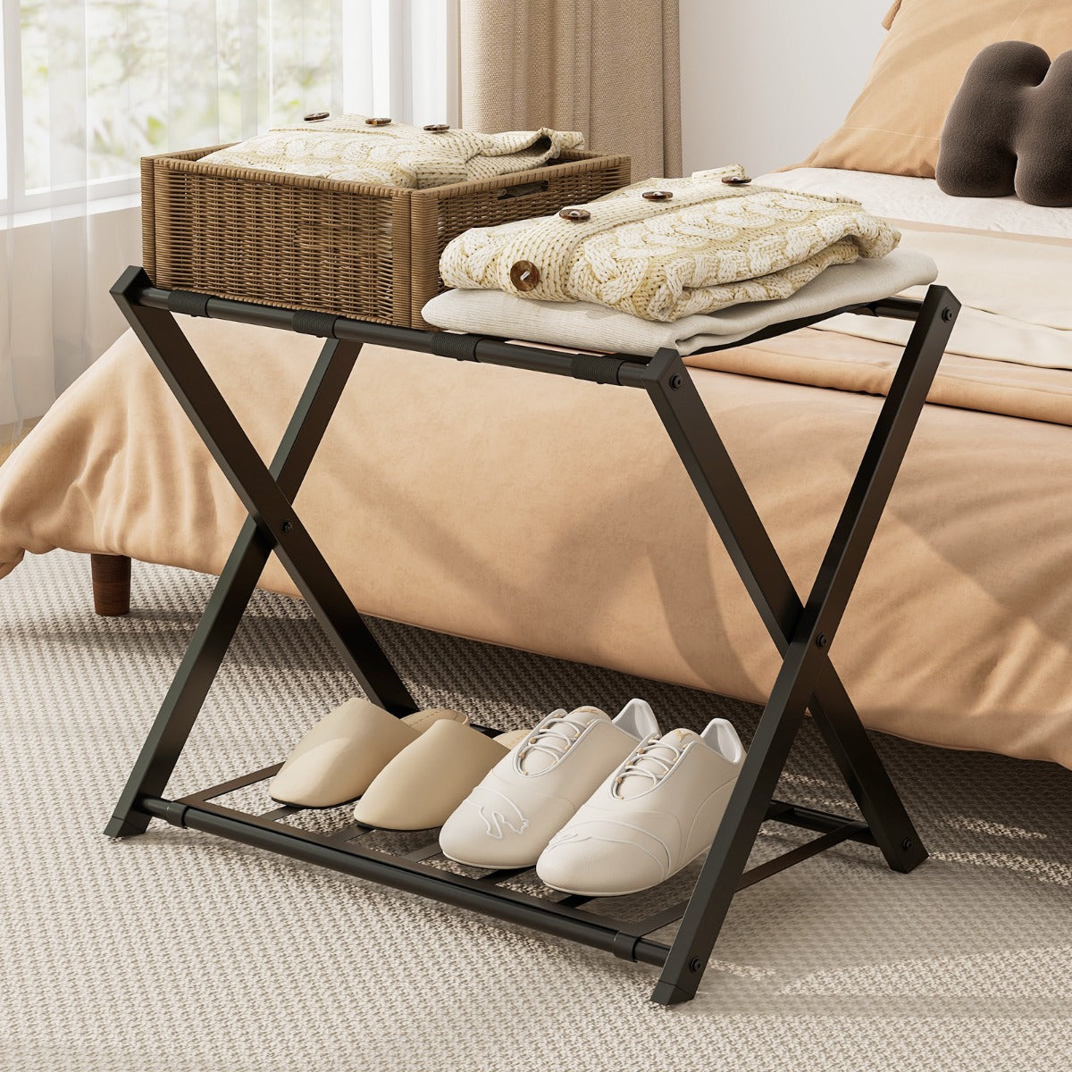 Folding Suitcase Stand with Storage Shelf for Guest Room Bedroom-Black
