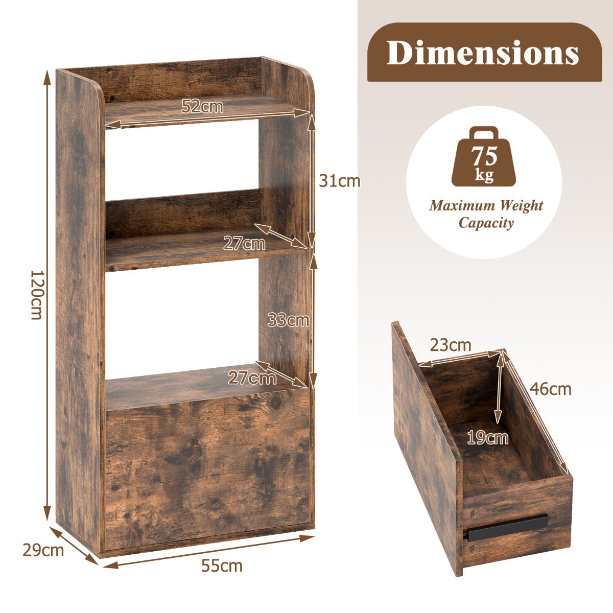 Freestanding Bookshelf with 3-Tier Open Shelf and Drawer-Rustic Brown