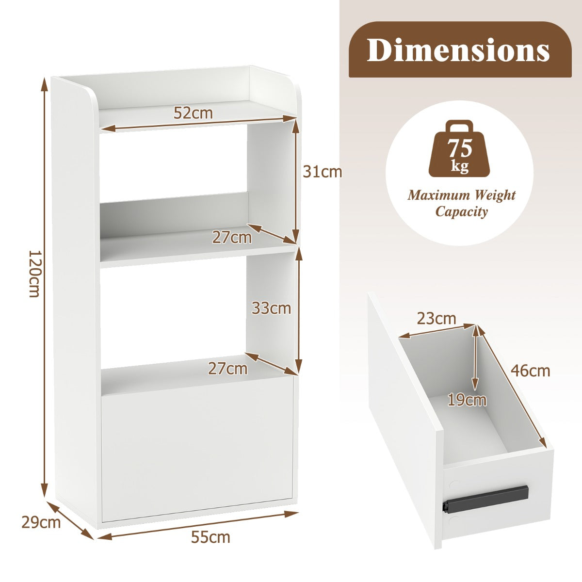 Freestanding Bookshelf with 3-Tier Open Shelf and Drawer-White
