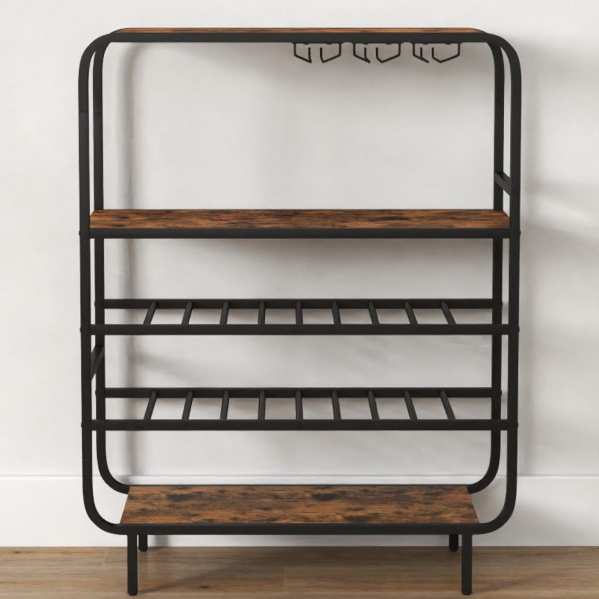 Freestanding Floor 5-Tier Wine Shelf with Glass Holders-Rustic Brown