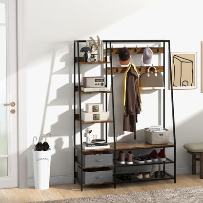 6-in-1 Freestanding Garment Coat Rack with 9 Hooks and 6 Storage Shelves