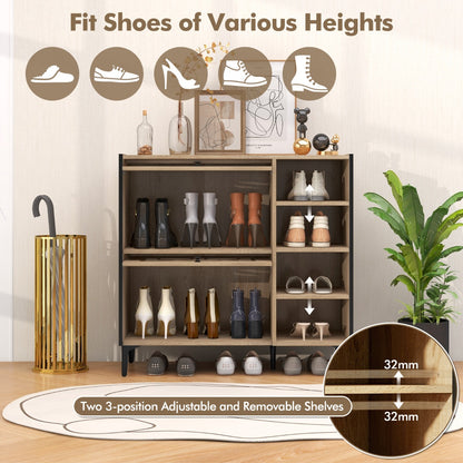 Freestanding Shoe Organizer with Flip Doors Adjustable Shelves-Oak