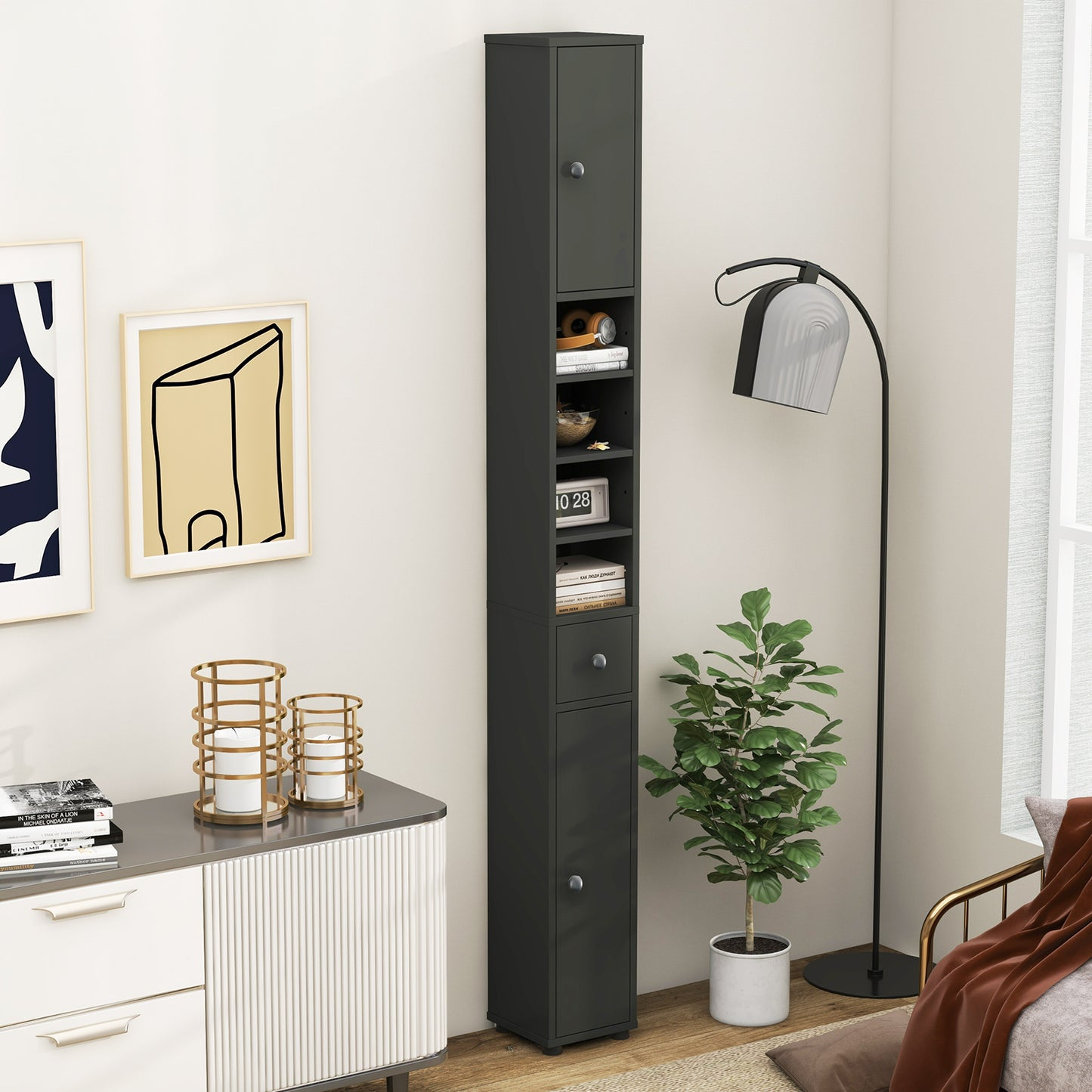 Freestanding Slim Bathroom Cabinet with Drawer and Adjustable Shelves-Gray