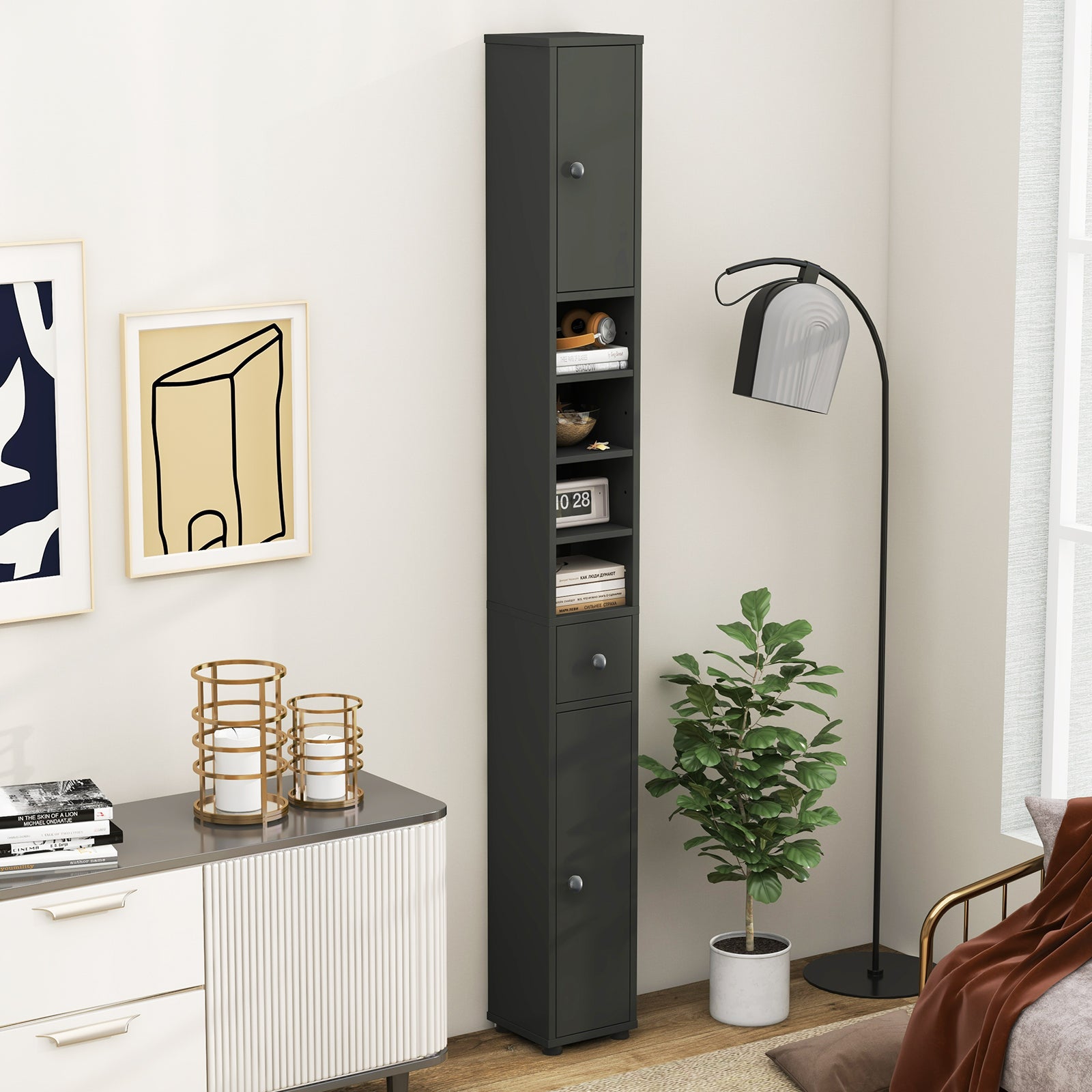 Freestanding Slim Bathroom Cabinet with Drawer and Adjustable Shelves-Gray