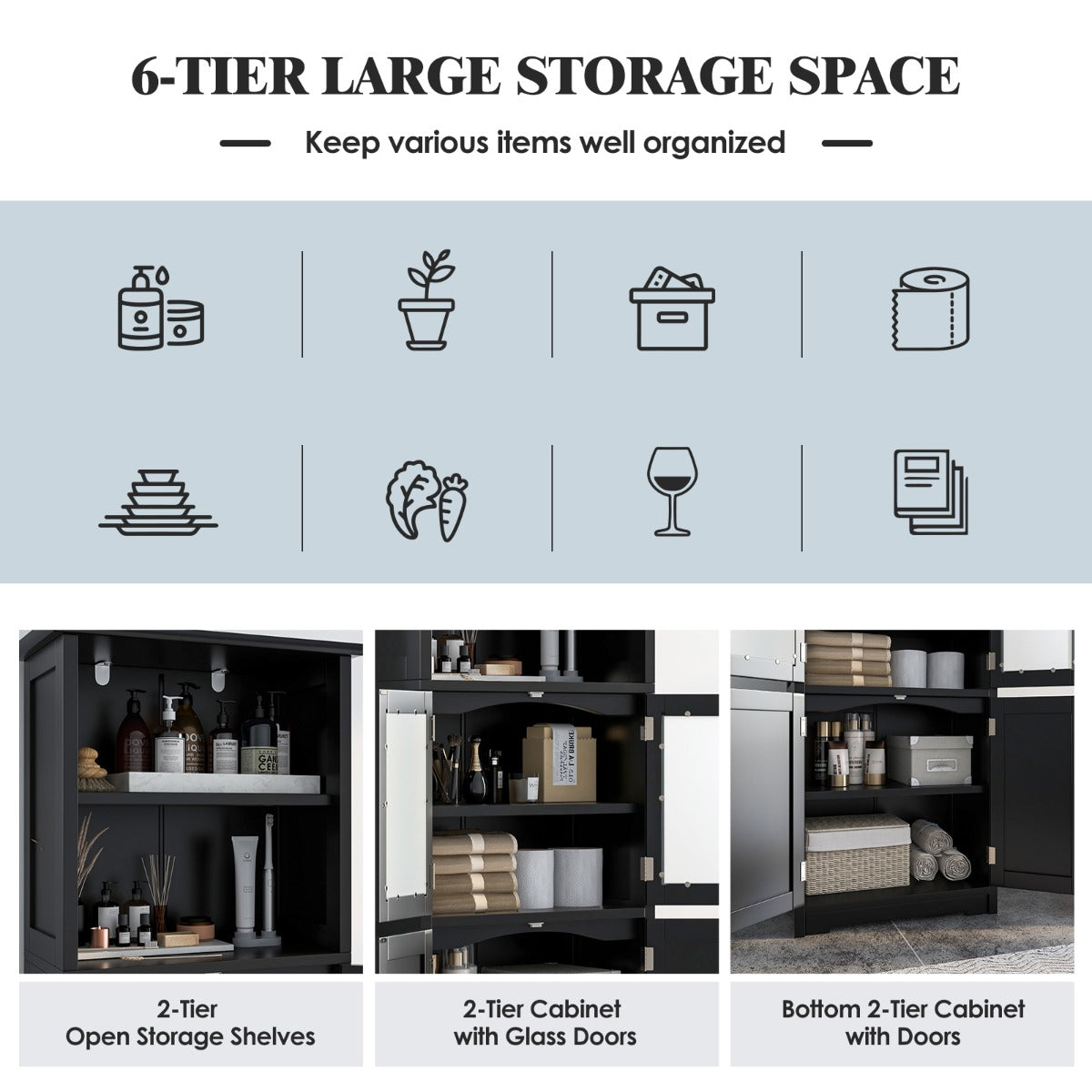 Freestanding Storage Cabinet with Tempered Glass Door and Open Shelves-Black