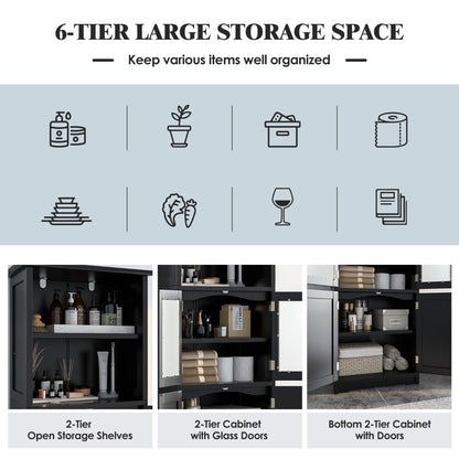 Freestanding Storage Cabinet with Tempered Glass Door and Open Shelves-Black