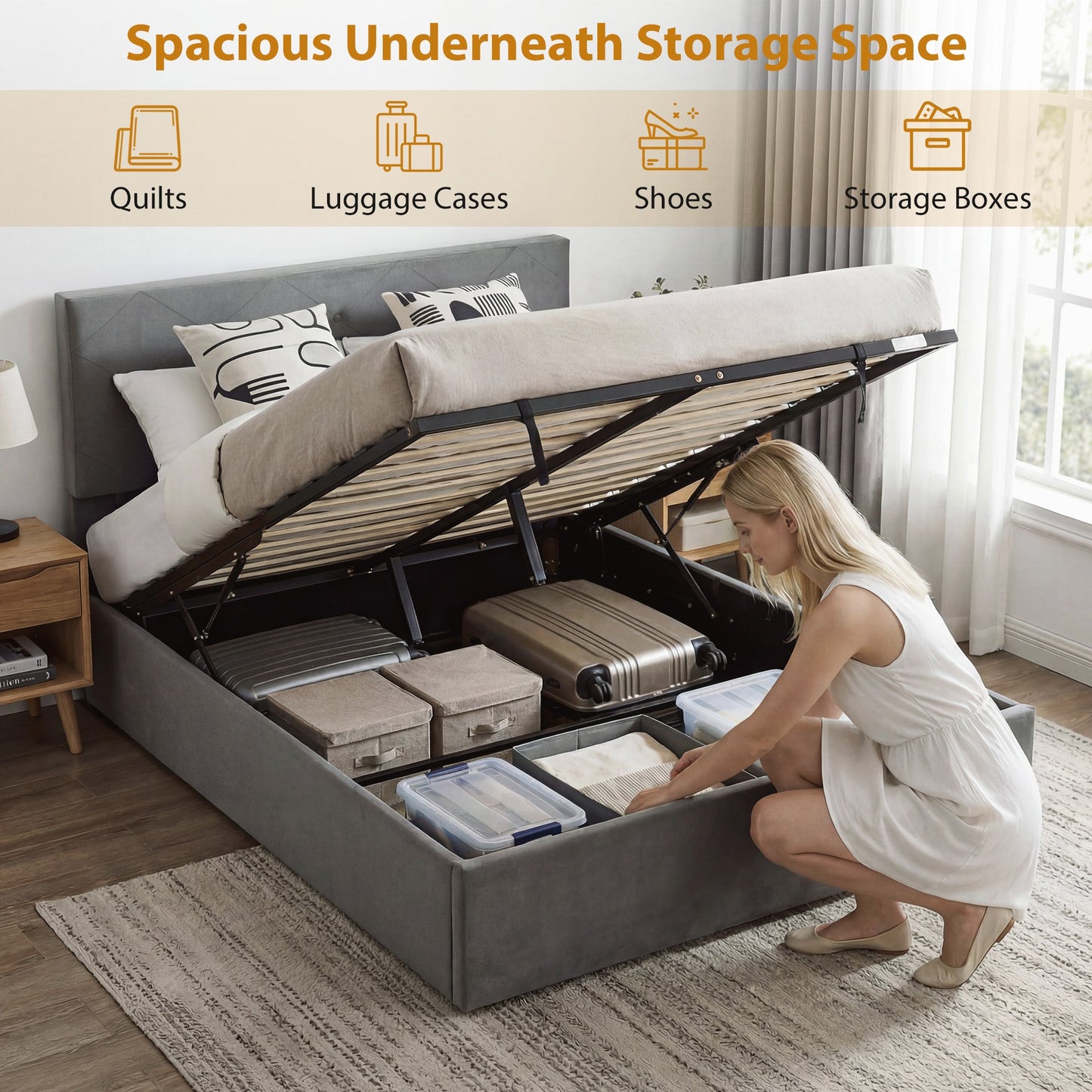 HOMCOM Double Bed Frame Gas Side Lift Under Bed Storage Upholstered Platform Bed Tufted Headboard for 140 x 190 cm Mattress