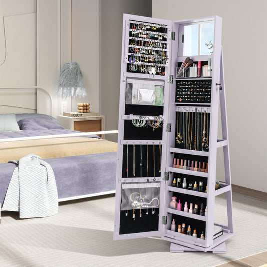 Full Length Mirrored Jewellery Cabinet Rotates 360° with Open Display Shelves-Purple