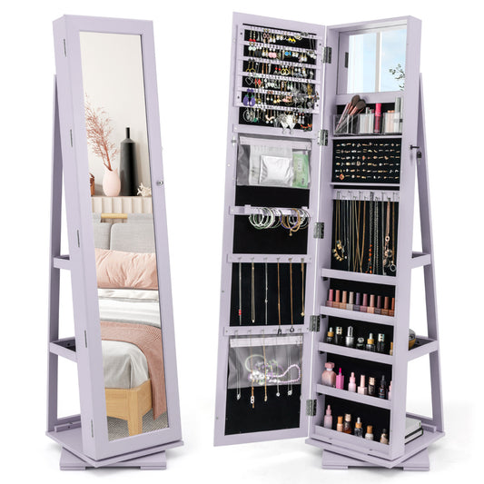 Full Length Mirrored Jewellery Cabinet Rotates 360° with Open Display Shelves-Purple