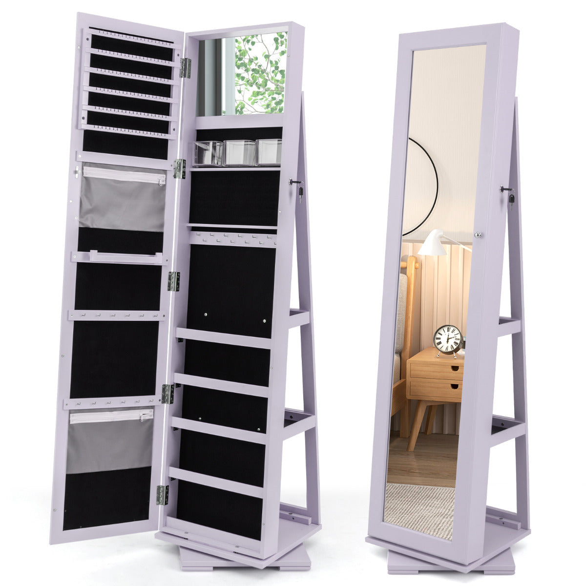 Full Length Mirrored Jewellery Cabinet Rotates 360° with Open Display Shelves-Purple