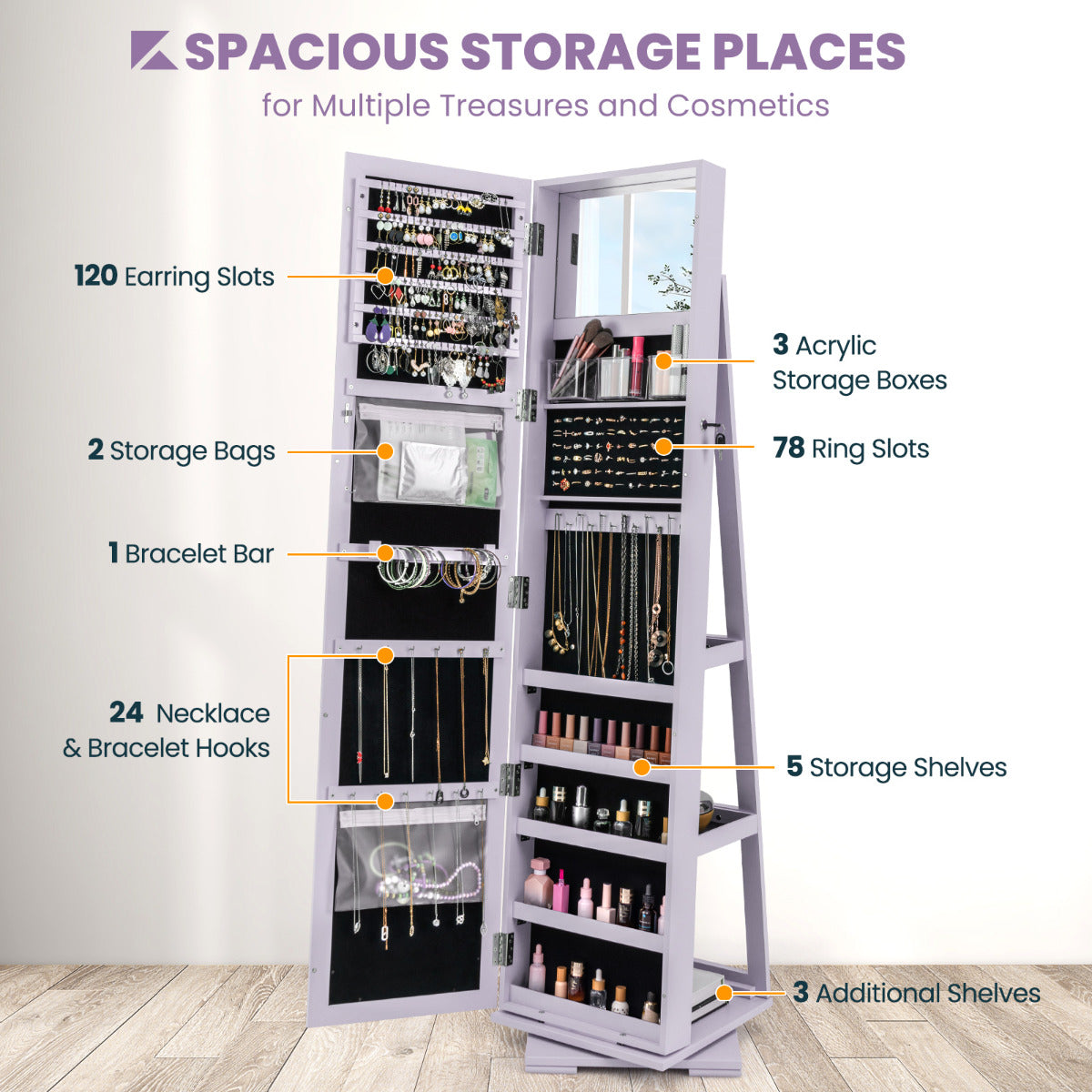 Full Length Mirrored Jewellery Cabinet Rotates 360° with Open Display Shelves-Purple