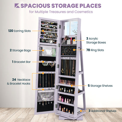 Full Length Mirrored Jewellery Cabinet Rotates 360° with Open Display Shelves-Purple
