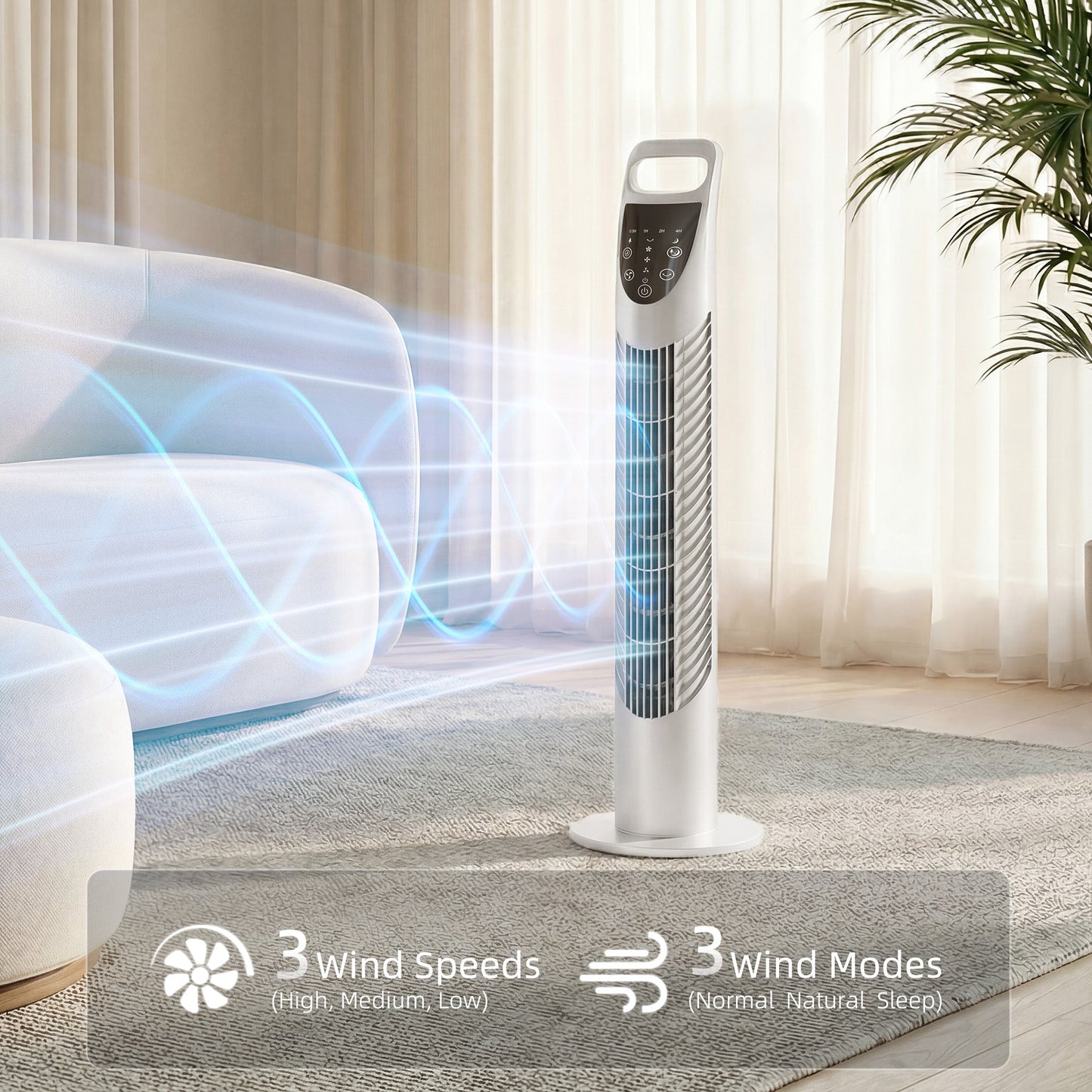 HOMCOM Tower Fan Oscillating 3 Speeds 3 Winds 40W w/ RC Timer Quiet - White