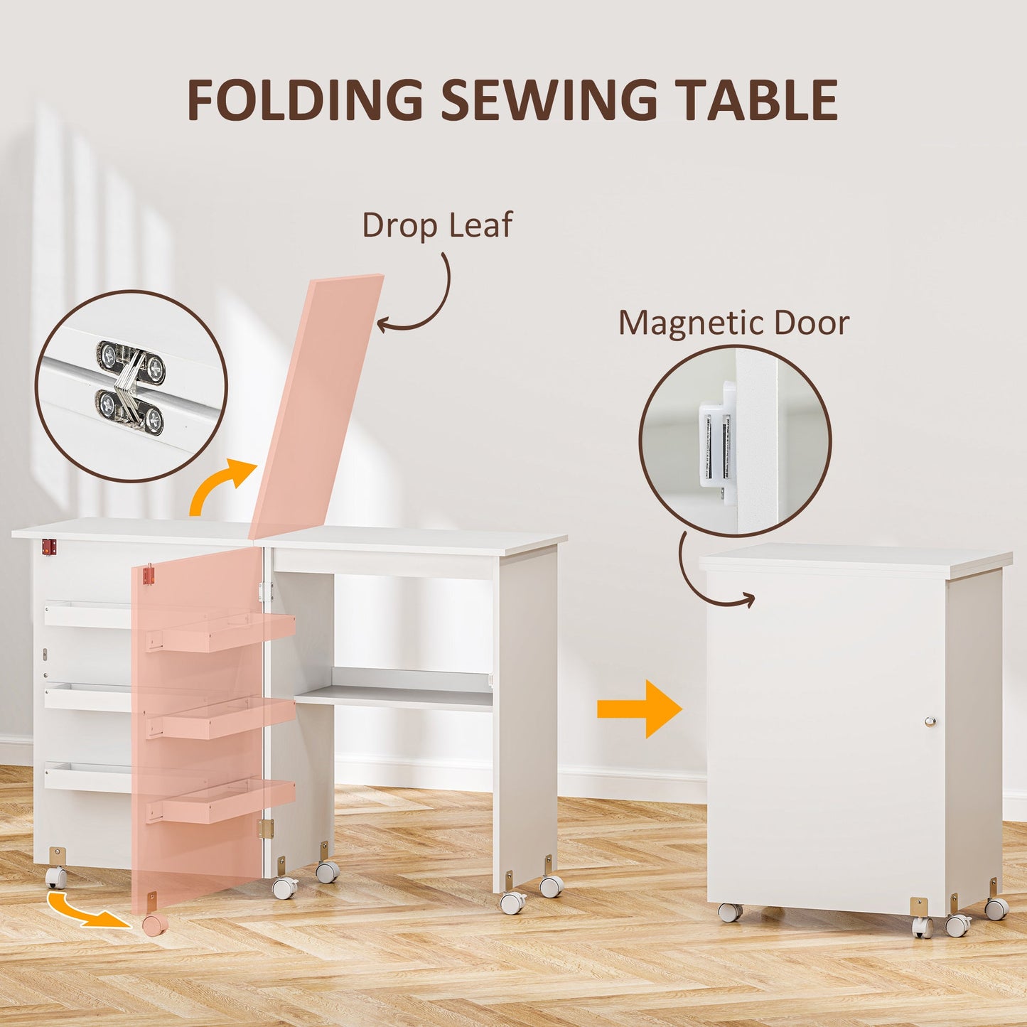 HOMCOM Folding Sewing Table, Drop Leaf Craft Table with Storage Bins, Open Shelf and Wheels, Rolling Sewing Machine Cabinet Computer Desk for Small Space, White