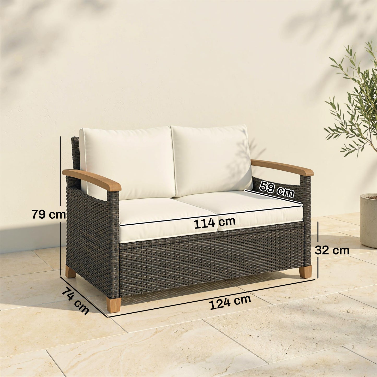 Outsunny 2 Seater Rattan Garden Sofa, Outdoor Sofa with Thickened Cushions and Acacia Wood Armrests, Brown