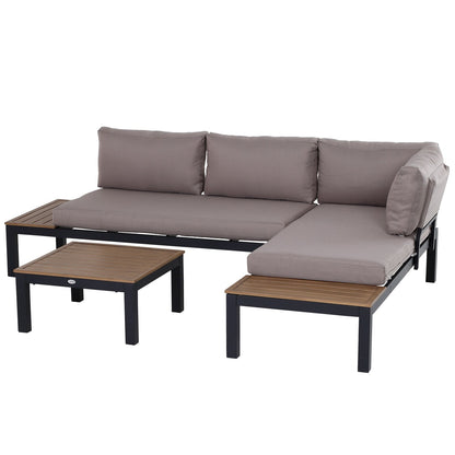 Outsunny 3 Pieces Garden Furniture Set, Aluminium 4 Seater Corner Sofa Set with 2 Loveseats, Coffee Table and Side Trays, Outdoor Conversation Furniture with Cushions for Garden, Black