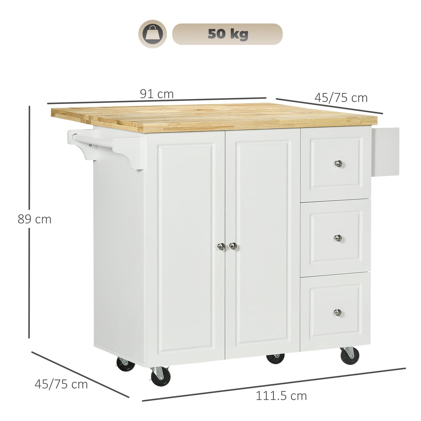 HOMCOM Drop-Leaf Kitchen Island on Wheels with Extendable Rubber Wood Worktop, Rolling Kitchen Storage Trolley, Utility Storage Cart with Drawers & Cabinet for Kitchen, Dining & Living Room, White