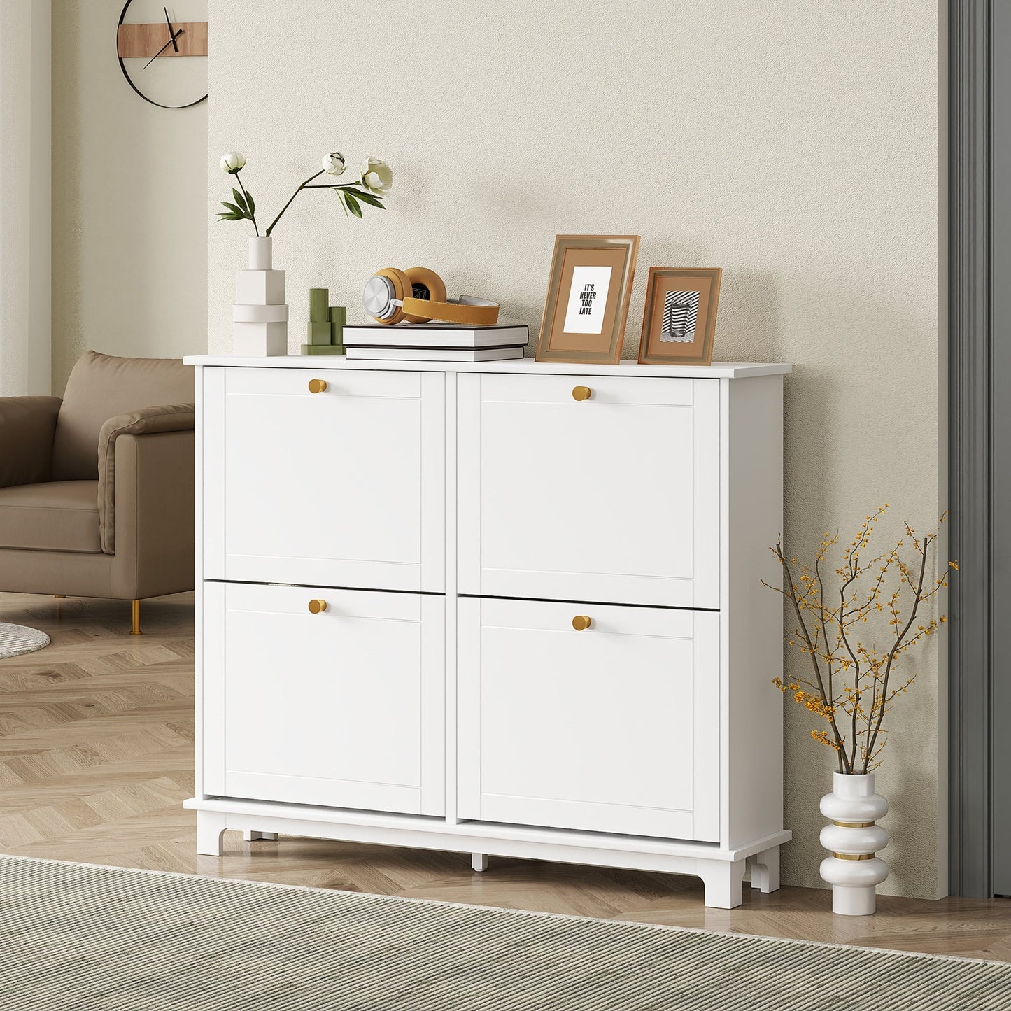 HOMCOM Narrow Shoe Storage Cabinet, Slim Shoe Cabinet with 4 Flip Drawers, Adjustable Shelves for 16 Pairs of Shoes, White