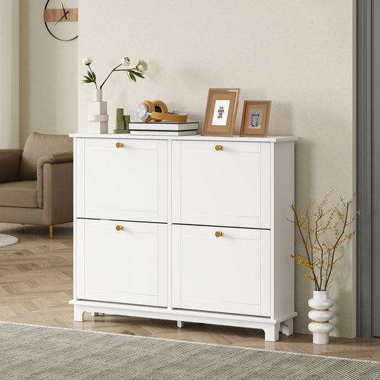 HOMCOM Narrow Shoe Storage Cabinet, Slim Shoe Cabinet with 4 Flip Drawers, Adjustable Shelves for 16 Pairs of Shoes, White