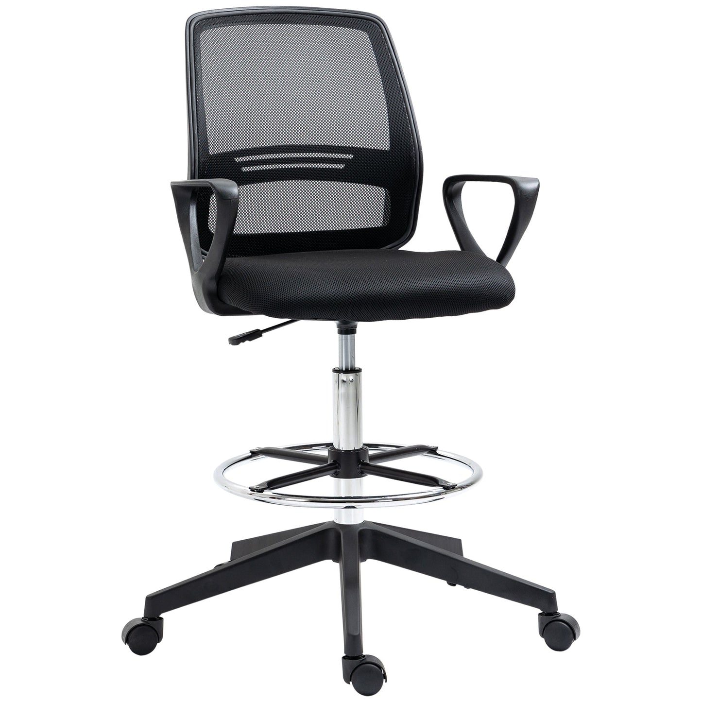 Vinsetto Drafting Chair, Ergonomic Tall Office Chair with Mesh Back, Lumbar Support, Adjustable Height and Foot Ring, Swivel Wheels, for Standing Desk, Black