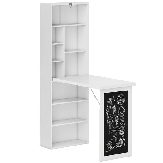 HOMCOM Wall Mounted Computer Desk, Folding Study Table with Black Board and Bookshelf, Multifunctional Floating Writing Desk for Home Office, White