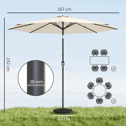 Outsunny 2.7 m Garden Parasol Umbrella with Cross Base and Sandbag, Retractable Ribs, Outdoor Table Market Umbrella, Cream White