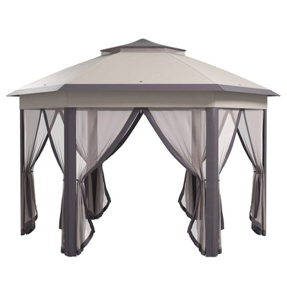 Outsunny 3 x 4m Garden Gazebo Hexagon Pop Up Gazebo Party Tent Canopy Double Roof Instant Shelter with Netting and Carry Bag for Outdoor Patio, Beige