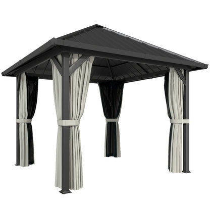 Outsunny 3 x 3(m) Hardtop Gazebo with Galvanised Steel Roof and Water Gutter, Waterproof Permanent Pavilion Garden Gazebo with Netting and Curtains for Patio, Deck, Black