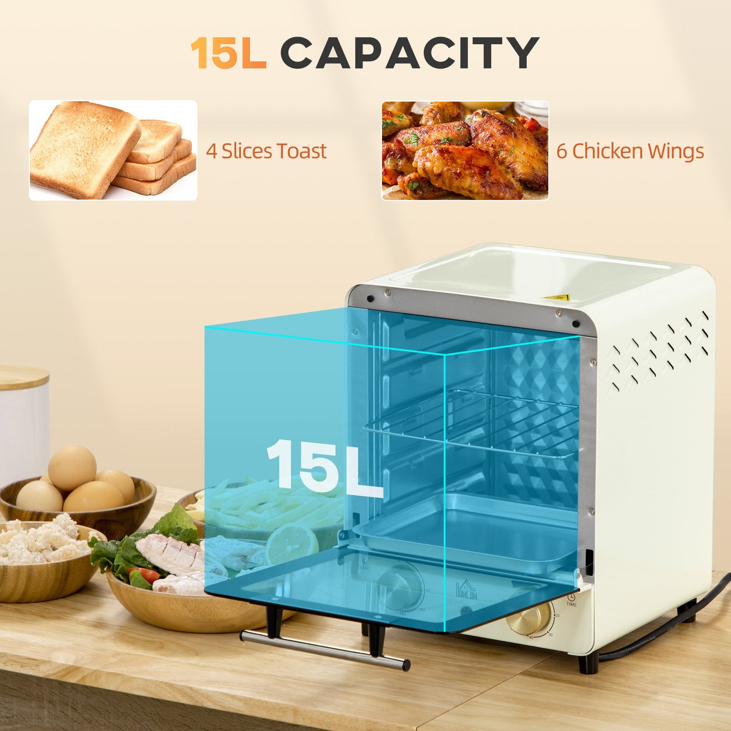 HOMCOM Mini Oven, 15 Litres Electric Oven and Grill with 60-230_ Adjustable Temperature, 60 Minute Timer, Include Baking Tray, Wire Rack and Crumb Tray, 1000W, Cream White
