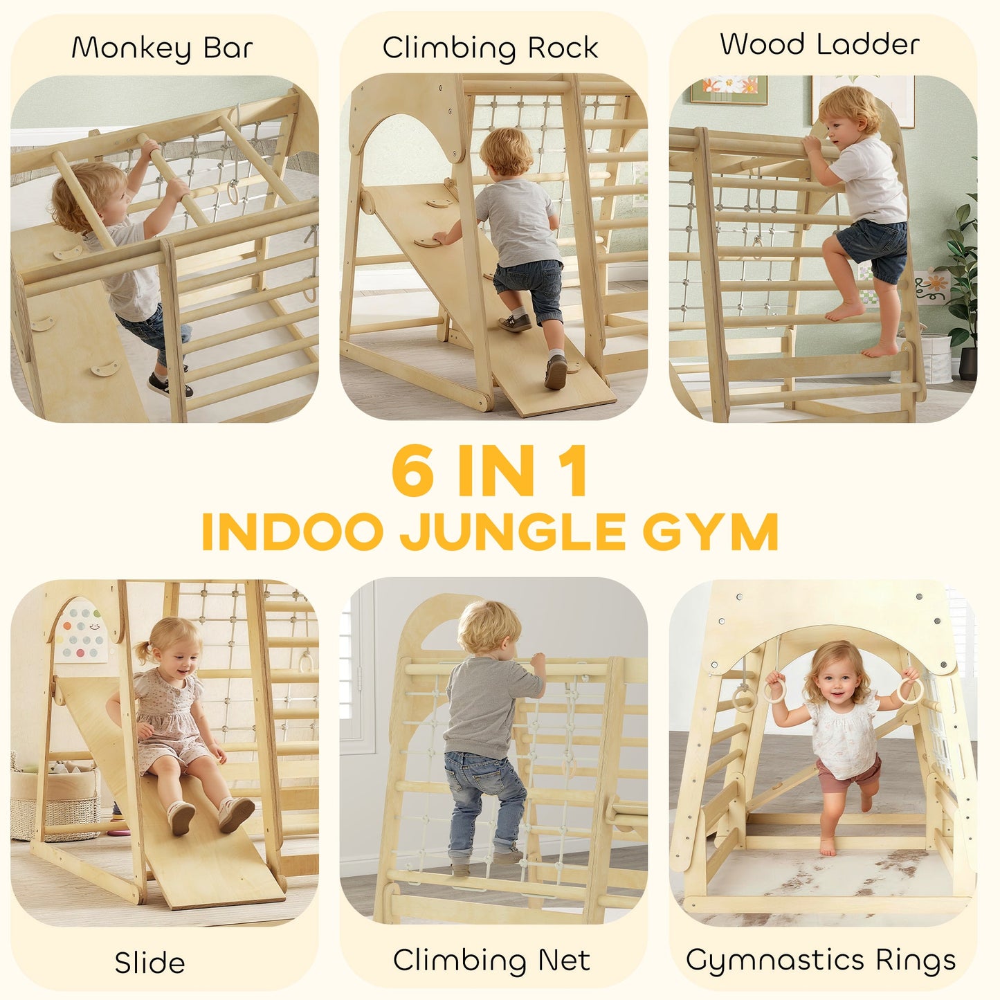 AIYAPLAY 6 in 1 Kids Climbing Frame with Slide, Monkey Bars, Gymnastics Rings, Ladder, Climbing Net, for 3-6 Years, Natural Tone