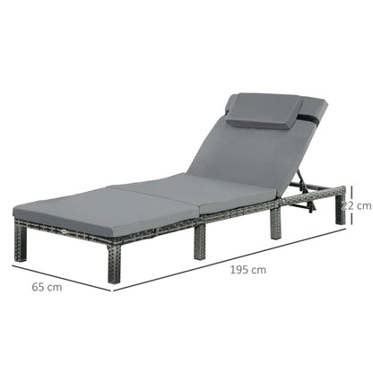 Outsunny Rattan Sun Lounger, 5-Level Adjustable Garden Lounger Recliner with Cushion and Headrest, Outdoor Reclining Sunbed, Steel Frame Garden Chair for Patio, Beach, Terrace, Dark Grey