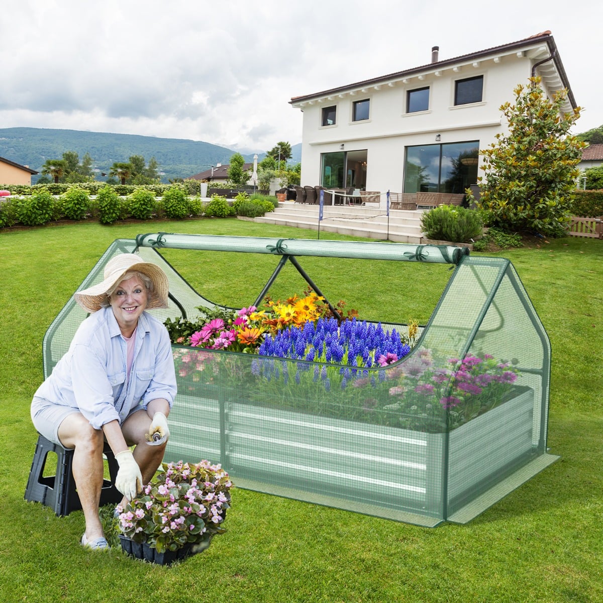 Galvanized Raised Garden Bed with Mini Greenhouse Cover