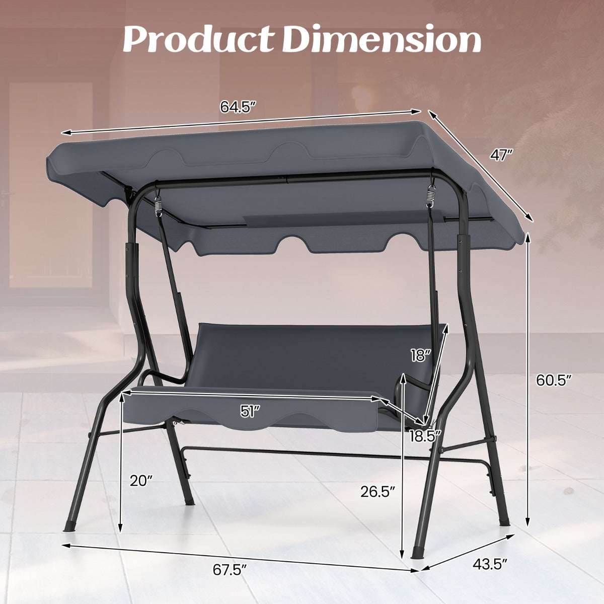 Garden Patio Metal Swing 3 Seater Lounger-Grey