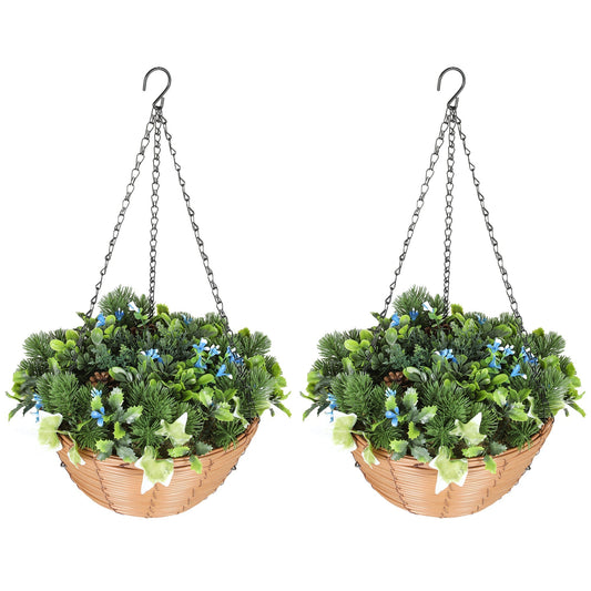 HOMCOM Pack of 2 Faux Plant Artificial Lisianthus Flowers, Hanging Planters with Basket, PE Leaves, 18 Flowers and 3 Pinecones, Decorative Faux Plants for Home Office Decor, Green