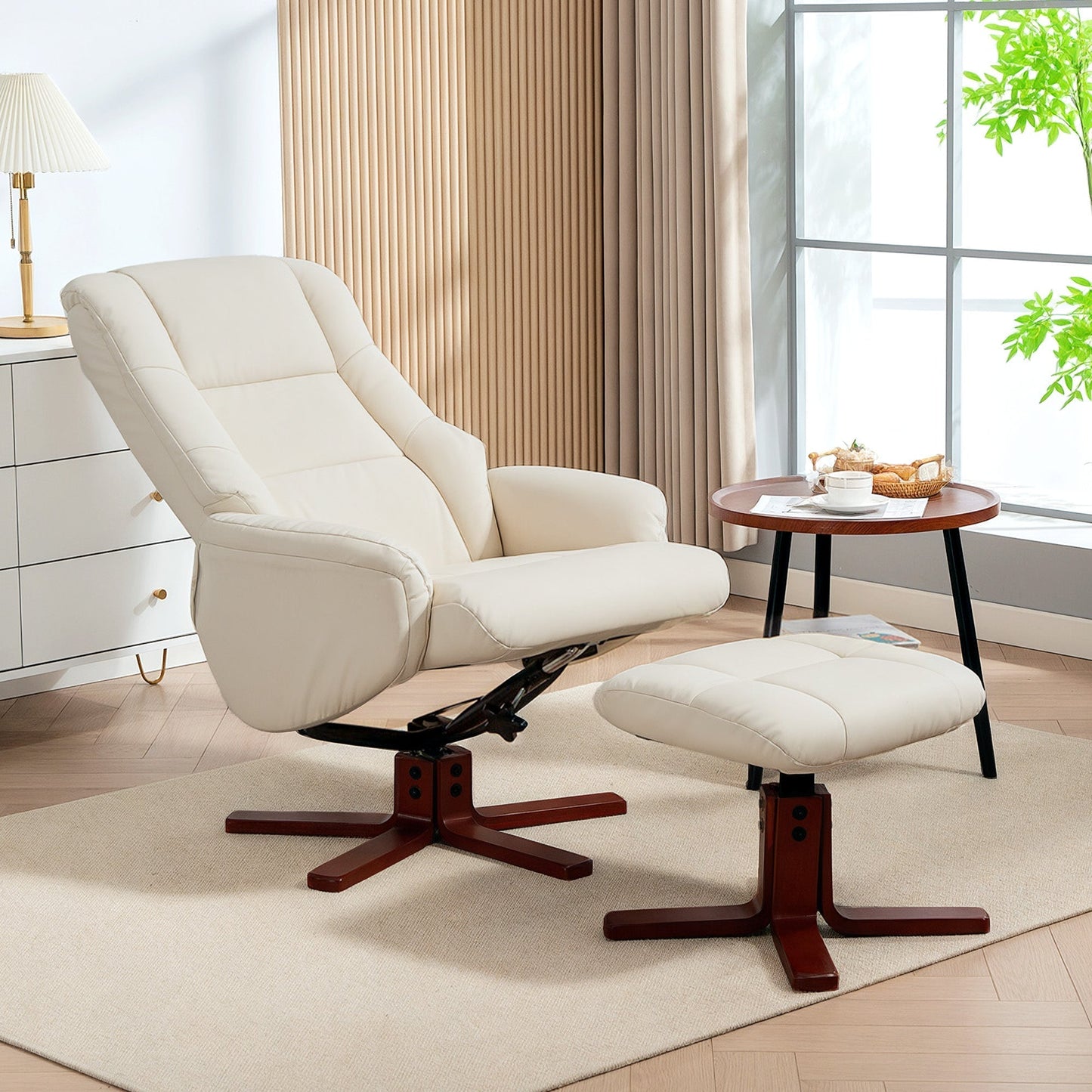 HOMCOM Rocking Recliner Chair with Footstool, PU Leather Recliner Armchair with Wood Base, Upholstered Reclining Chair for Living Room Bedroom, Cream