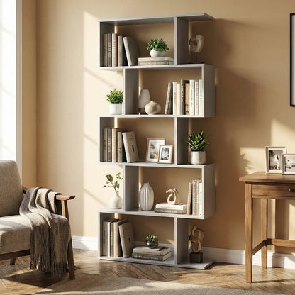 Geometric S-Shaped Bookcase with Anti-Toppling Device for Living Room Home Office-Grey