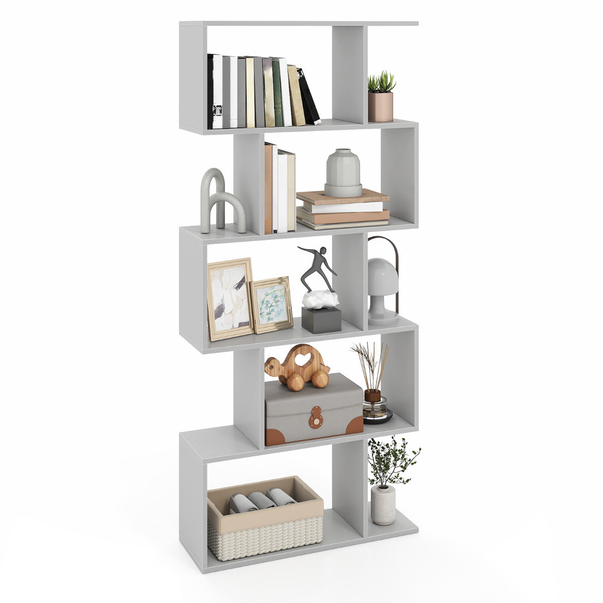 Geometric S-Shaped Bookcase with Anti-Toppling Device for Living Room Home Office-Grey